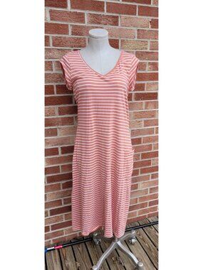 Toad & Co Striped Midi Dress Women's Size Large Front Pocket Salmon and Cream